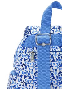 Blue patterned backpack features geometric shapes, metallic zipper, and textured straps. Made of durable fabric with a structured design.