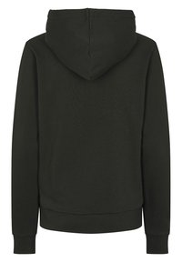 Mörkgrön hoodie med justerbar huva, långa ärmar, ribbade mudd och en enkel baksida. Mjuk väv, avslappnad passform.