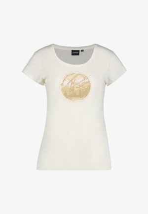 T-shirt bianco in cotone con una stampa grafica rotonda di una montagna russa in beige. Ha un collo ampio e maniche corte. Taglia M.