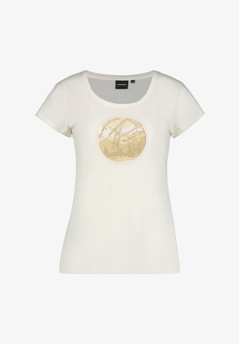 Valkoinen puuvillat-paita, jossa on pyöreä graafinen printti vaaleanruskeasta vuoristoradasta. Siinä on leveä kaula-aukko ja lyhyet hihat. Koko M.