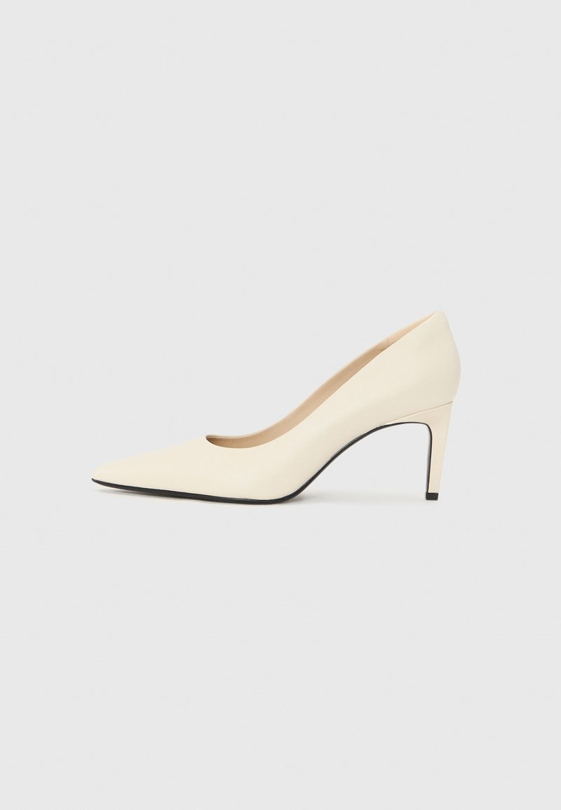 White leather high-heeled pump with a pointed toe, smooth texture, and black sole accent. Classic design with a moderate heel height.