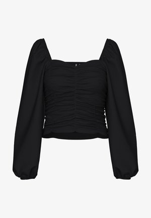 Juodas trumpas bluzonas, pagamintas iš tekstūruoto audinio, su kvadratine iškirpte, raukšlėta kūno dalimi ir ilgomis pūstomis rankovėmis su elastingais rankogaliais.