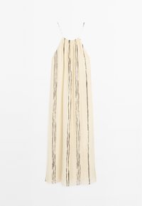Robe beige légère avec fines bretelles, présentant des rayures verticales foncées et des détails froncés au niveau de l'encolure, texture lisse.
