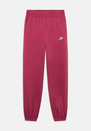Nike-sweatpants in magenta, gemaakt van zachte stof, met een elastische tailleband, geknoopte enkels en zijzakken. Logo zichtbaar op de linker bovenbeen.
