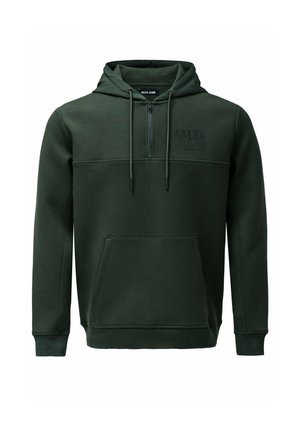 Temno zelena kapuca s polovičnim zadrgo, sprednjim žepom in tonano logotipno podrobnostjo. Narejena iz gladkega materiala z sproščenim krojem.