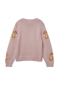 Jasnoróżowy sweter z dzianiny z długimi rękawami, ozdobiony motywami misia polarnego w czapkach Mikołaja na obu rękach. Żebrowane mankiety i dół.
