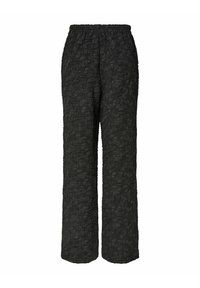 Zwarte, gestructureerde broek met een gekreukt ontwerp. Heeft een elastische tailleband en wijd rechte pijpen.
