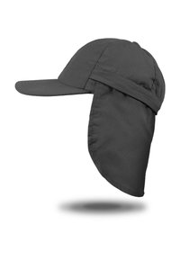 Schwarze Kappe mit einem gebogenen Schirm und einem Nackenflügel zum Sonnenschutz; aus leichtem, strukturiertem Gewebe gefertigt. Verfügt über gestickte Akzente.