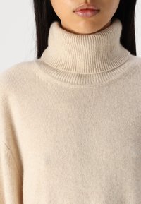 Pull à col roulé beige clair avec des détails côtelés au niveau du cou et de l'ourlet. Texture douce et coupe décontractée, fabriqué à partir d'un matériau tricoté confortable.