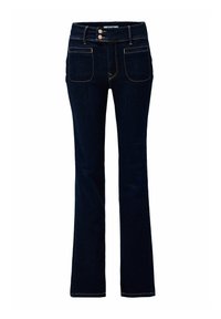 Jeans de mezclilla azul oscuro de campana con una cintura alta, dos bolsillos frontales y costuras de contraste a lo largo de las costuras.