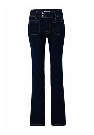 Dark blue denim flared jeans with a high waistband, two front pockets, and contrasting topstitching along the seams.