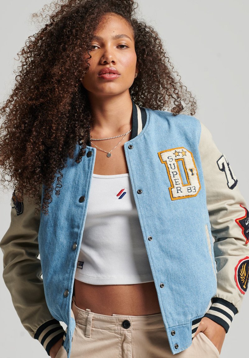 Superdry VINTAGE VARSITY Denim jacket light vintage wash oatmeal