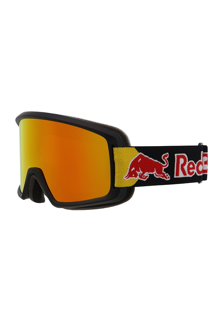 Schwarze Skibrille mit orangefarbener, verspiegelt Linse, weicher Innenpolsterung und einem schwarzen Band mit einem roten und gelben Red Bull Logo.
