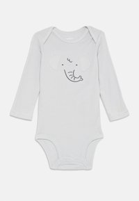 Grå langermet boddy med et elefantdesign i svart broderi og lysegrå detaljer på ørene. Har trykknapper nederst.