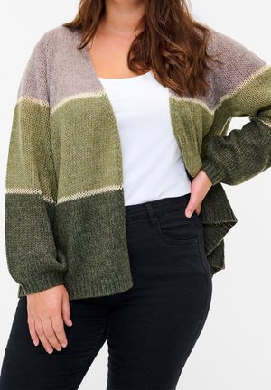 Kvinde iført en strikket cardigan med vandrette farveblokke i grå, lysegrøn og mørkegrøn over en hvid top og sorte bukser.