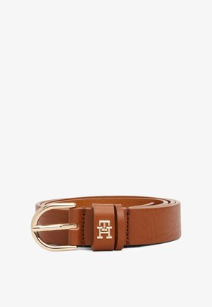 Brown leather belt with a smooth texture, gold-tone buckle, and embossed logo. Features a classic design and a single loop for adjustment.