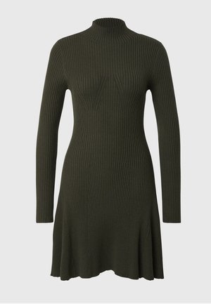 Robe côtelée à manches longues de couleur vert foncé avec un col montant. La silhouette en A s'élargit à l'ourlet, mettant en valeur le tissu texturé.