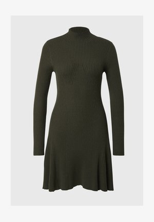 Rybkový, dlouhý rukáv šaty ve tmavě zelené s vysokým límcem. Silueta ve tvaru A se na lemu rozšiřuje, což zdůrazňuje strukturovanou látku.