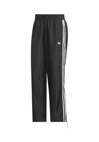 Čierne športové nohavice s elastickým pásom, bielymi bočnými prúžkami a zipsami na nákolenníkoch. Vyrobené z ľahkého materiálu s logom.