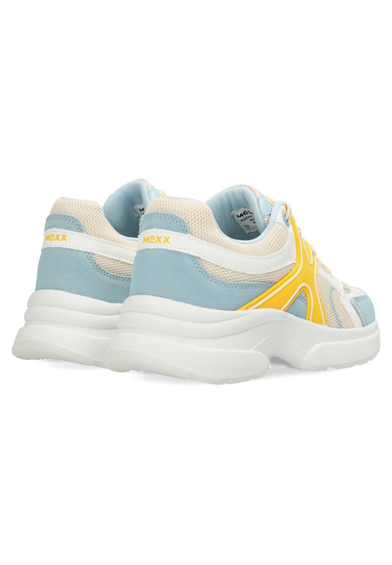 Blauwe en crèmekleurige sneakers met gele accenten, voorzien van een mesh bovenwerk, rubberen zool en een chunky ontwerp voor ondersteuning en comfort.