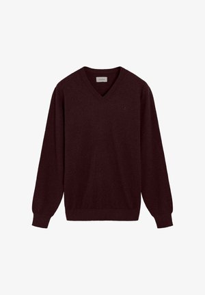 Pulover bordeaux cu decolteu în V, realizat din lână moale. Prezintă mâneci lungi și manșete și tiv cu nervuri. Detaliu mic cu logo pe piept.