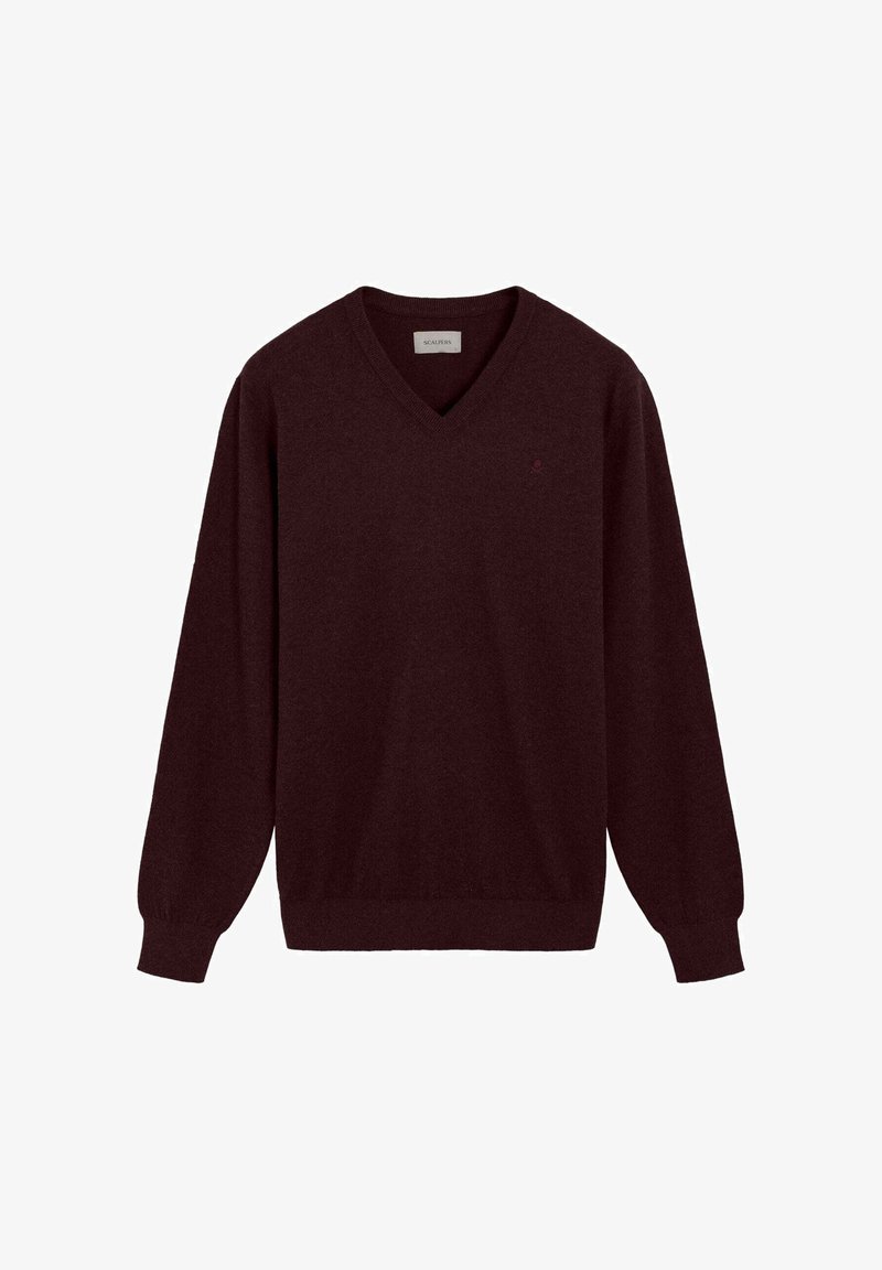 Maglione bordeaux a V in morbida lana. Presenta maniche lunghe e polsini e orlo a coste. Piccolo logo sul petto.