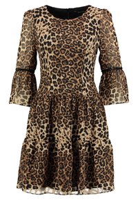 Klänning i leopardmönster med en lätt, flödande tiered kjol, genomskinliga långärmar och svarta detaljer vid midjan, tillverkad av lättviktsmaterial.