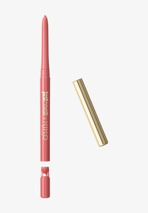 Crayon à lèvres rétractable rose avec capuchon taille-crayon retiré et un capuchon protecteur doré séparé à côté.