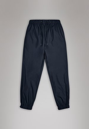 Calças jogger azul-marinho com cintura elástica, fecho por cordão e punhos elásticos. Tecido suave e leve com um design minimalista.
