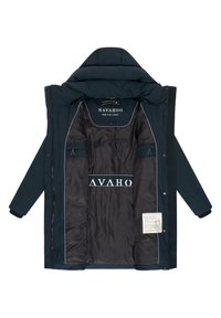 Navy blue puffer jacket with a hood, featuring a contrasting black interior and white logos, snap buttons, and two interior pockets.
