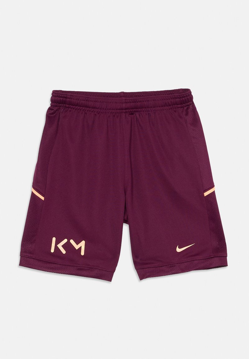 Maroon idrettsshorts med mesh tekstur, med en gull Nike-logo og lyseoransje detaljer. Elastisk midjebånd og sidelommer inkludert.