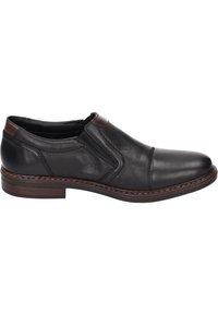 Black leather slip-on shoe with a rounded toe, brown accents at the heel, and elastic side panels. Stitched details on the upper.
