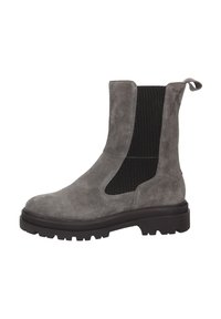 Graue Wildleder-Ankle Boots mit elastischen Seitenpanelen und einer Zuglasche. Robuste Gummisohle mit strukturiertem Profil für besseren Halt. Einfaches, modernes Design.