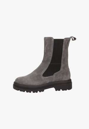 Stivaletto in suede grigio con pannelli laterali elasticizzati e un tenero per il piede. Suola in gomma spessa con battistrada testurizzato per una presa sicura. Design semplice e moderno.