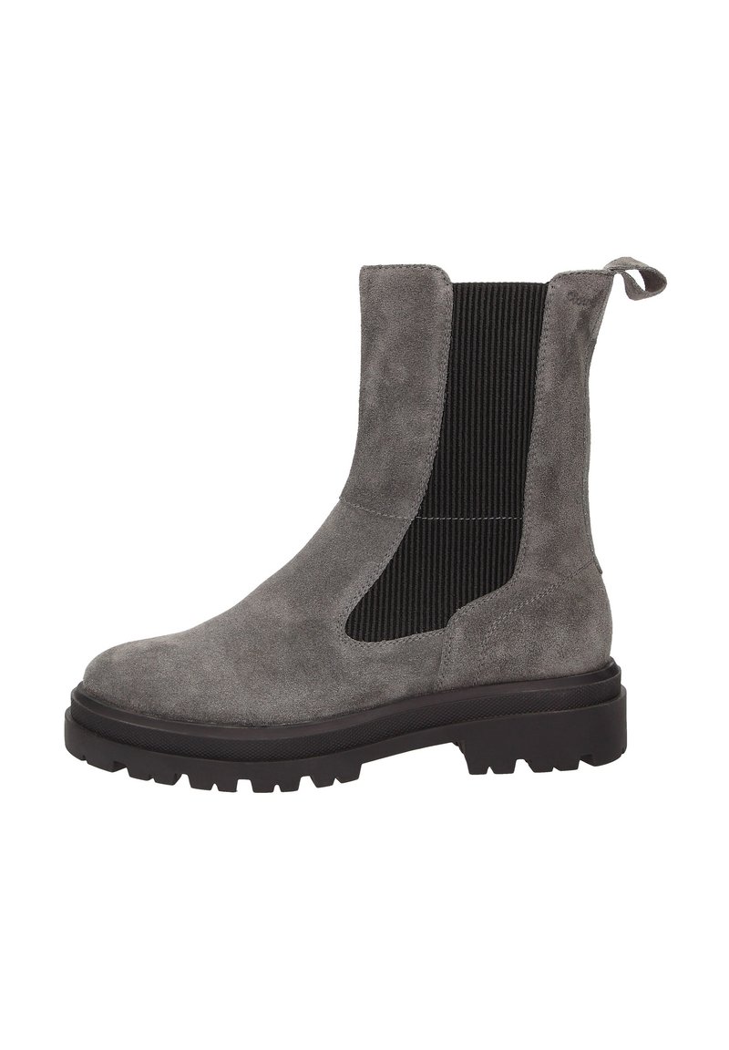 Graue Wildleder-Ankle Boots mit elastischen Seitenpanelen und einer Zuglasche. Robuste Gummisohle mit strukturiertem Profil für besseren Halt. Einfaches, modernes Design.