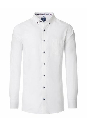 Weißes Langarmhemd aus Baumwolle mit Button-Down-Kragen, ausgestattet mit dunkelblauen Knöpfen und einer Brusttasche. Karomuster innen am Kragen.