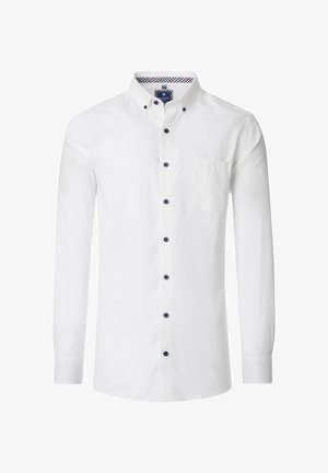 Weißes Langarmhemd aus Baumwolle mit Button-Down-Kragen, ausgestattet mit dunkelblauen Knöpfen und einer Brusttasche. Karomuster innen am Kragen.
