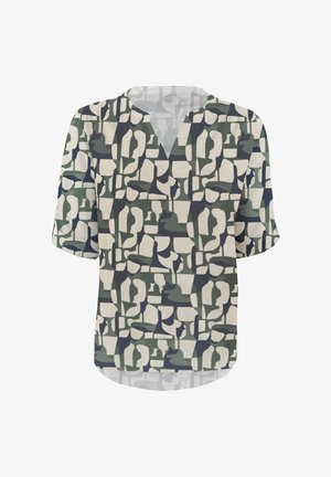 Kurzärmlige Bluse mit V-Ausschnitt aus leichtem Stoff mit einem abstrakten Camouflage-Muster in Grün, Marineblau und Cremefarben. Abgerundeter Saum.