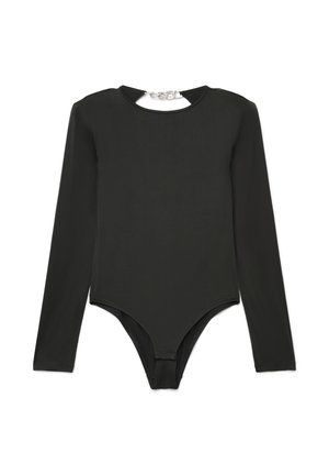 Black long-sleeve bodysuit with a round neckline and a cut-out detail at the back, featuring a chain accent. Made of smooth fabric.