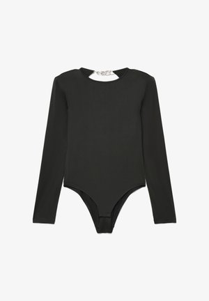 Black long-sleeve bodysuit with a round neckline and a cut-out detail at the back, featuring a chain accent. Made of smooth fabric.