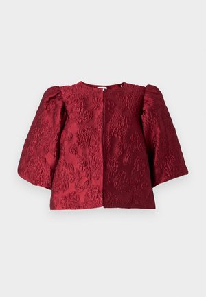 Burgunderfarbener strukturierter Blazer mit rundem Ausschnitt, voluminösen Puffärmeln und verdecktem Frontverschluss. Verfügt über ein geprägtes Blumenmuster.