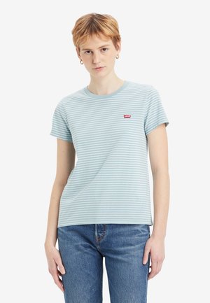 Light blue striped t-shirt made of soft cotton, featuring a round neckline, short sleeves, and a small red logo on the left chest.