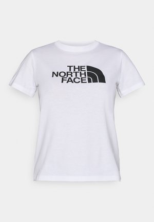 Weißes Baumwoll-T-Shirt mit kurzen Ärmeln, mit einem schwarzen Logoaufdruck, der "THE NORTH FACE" auf der Brust zeigt.