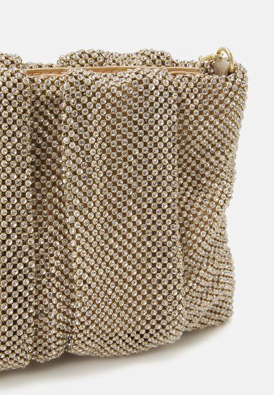 Golden evening bag adorned with shimmering rhinestones, featuring a textured surface and pleated design. Gold zipper closure at the top.