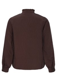 Blouse marron foncé à manches longues avec fines rayures verticales blanches et petit col à volants, vue de dos.