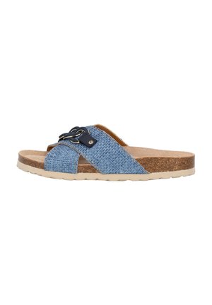 Sandalo a scivolo in tessuto intrecciato blu con soletta in sughero, caratterizzato da un design a strap incrociati e un accent decorativo in metallo. Profilo piatto con dettagli testurizzati.