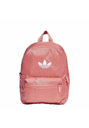 Sac à dos en nylon rose avec poche zippée à l'avant et logo blanc Adidas trefoil sur le panneau avant.