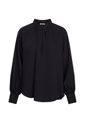 Blusa nera a maniche lunghe realizzata in tessuto leggero. Caratterizzata da un collo alto, una parte anteriore arricciata e maniche con polsini. Tessuto morbido e vestibilità rilassata.