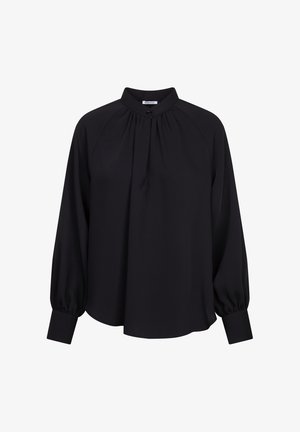 Black long-sleeve blouse made of lightweight fabric. Features a high collar, gathered front, and cuffed sleeves. Smooth texture and relaxed fit.