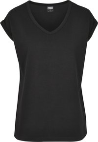 T-shirt nera a V con maniche arrotolate, realizzata in morbido cotone; vestibilità rilassata con cuciture pulite e senza motivi o accenti visibili.